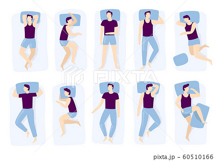 Man sleeping poses. Night sleep pose, asleep male positioning on bed and sleep position isolated vector illustration 60510166