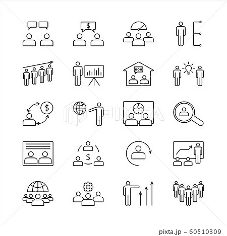 Business people icons. Office teamwork group, team brainstorm or work presentation and business partners isolated line icon vector set Business people icons. Office teamwork group, team brainstorm or work presentation and business partners isolated line icon vector set 60510309