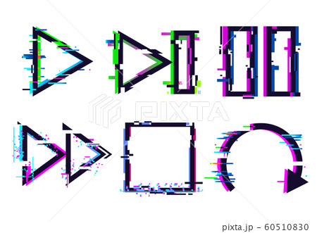 Glitch music icons. Glitched play pause stop icon, tv signal glitches and digital noise distortion effect vector illustration set Glitch music icons. Glitched play pause stop icon, tv signal glitches and digital noise distortion effect vector illustration set 60510830