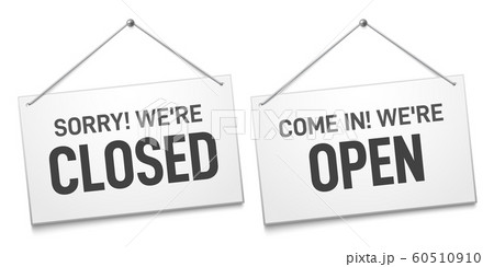 Business open closed sign. Shop door signs boards, come in and sorry we are closed outdoors signboard isolated vector illustration 60510910