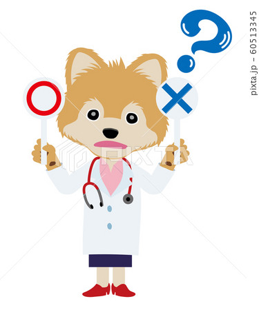 イラスト素材 犬を擬人化したお医者さん 獣医師 のキャラクター ポメラニアン マルバツ棒 疑問のイラスト素材