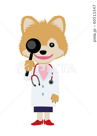 イラスト素材 犬を擬人化したお医者さん 獣医師 のキャラクター ポメラニアン 視力検査のイラスト素材