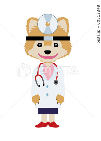 イラスト素材 犬を擬人化したお医者さん 獣医師 のキャラクター ポメラニアン 反射鏡 耳鼻科のイラスト素材