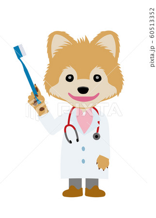 イラスト素材 犬を擬人化したお医者さん 獣医師 のキャラクター ポメラニアン 歯ブラシ 歯科医のイラスト素材
