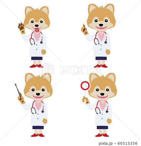 イラスト素材 犬を擬人化したお医者さん 獣医師 のキャラクターセット ポメラニアン 女医さん のイラスト素材