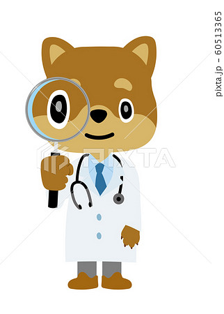 イラスト素材 犬を擬人化したお医者さん 獣医師 のキャラクター 柴犬 虫眼鏡のイラスト素材