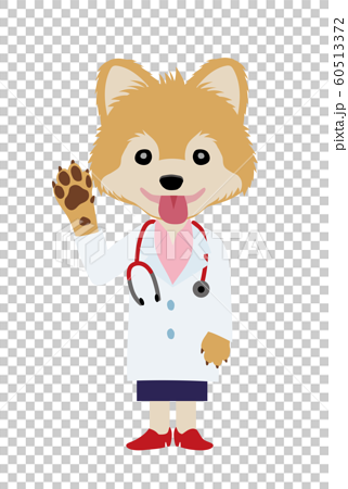 イラスト素材 犬を擬人化したお医者さん 獣医師 のキャラクター ポメラニアン 手を挙げるのイラスト素材