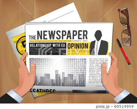 Newspaper in hands. Daily news businessman hold and reading hot announce in newspaper cover vector template 60514959