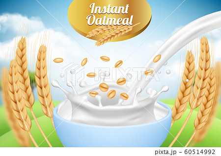 Oatmeal. Ad placard template with milk and wheat healthy organic food farm products packaging background template realistic 60514992
