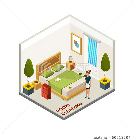 Hotel room cleaning. Isometric cleaning service, vector maid in hotel room Hotel room cleaning. Isometric cleaning service, vector maid in hotel room 60515204