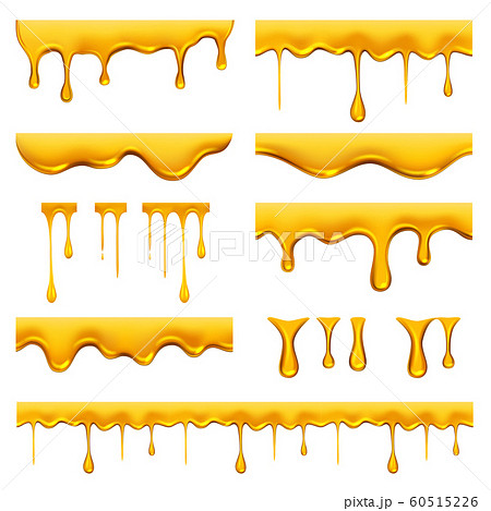 Honey dripped. Liquid golden oil or sauce food drops caramel splash and flowing vector realistic template 60515226