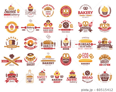 Colored bakery labels. Vintage food logos with cooking pastry symbols vector collection Colored bakery labels. Vintage food logos with cooking pastry symbols vector collection 60515412
