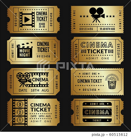 Golden tickets. Entry cinema tickets templates with illustrations of video cameras and other tools Golden tickets. Entry cinema tickets templates with illustrations of video cameras and other tools 60515612