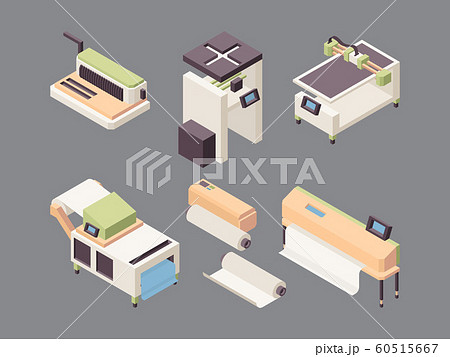 Printing service. Offset printers vinyl board printing plotters folding machines and cutter for paper vector isometric Printing service. Offset printers vinyl board printing plotters folding machines and cutter for paper vector isometric 60515667