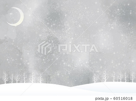 冬の景色 水彩 冬 景色 木 木々 雪 丘 雪山 林 森 星 夜空 キラキラ 月のイラスト素材