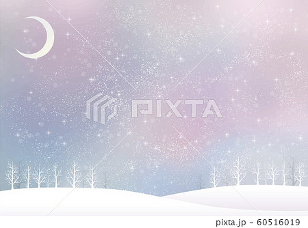 冬の景色 水彩 冬 景色 木 木々 雪 丘 雪山 林 森 星 夜空 キラキラ 月のイラスト素材