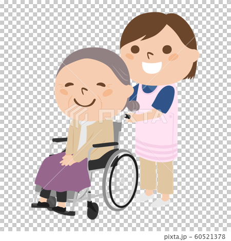 車イスに座っている女性のイラスト。車イスのお年寄りを介助している若い女性。 車イスに座っている女性のイラスト。車イスのお年寄りを介助している若い女性。 60521378