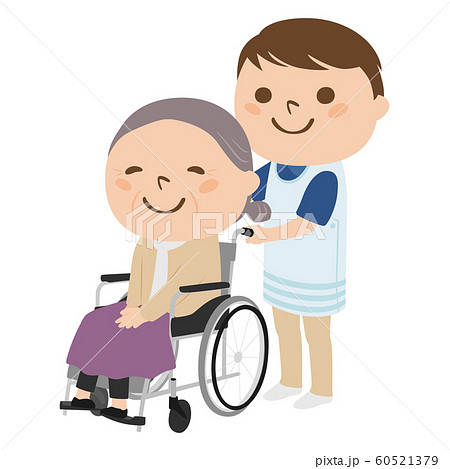 車イスに座っている女性のイラスト。車イスのお年寄りを介助している若い男性。 60521379
