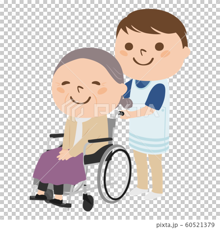 Illustration of a woman sitting in a wheelchair. A young man assisting an elderly person in a wheelchair. 60521379