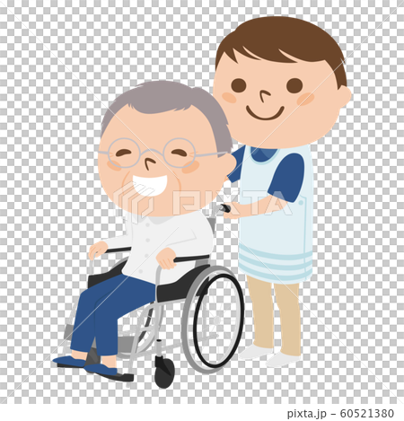 Illustration of a man sitting on a wheelchair. A young man assisting an elderly person in a wheelchair. 60521380