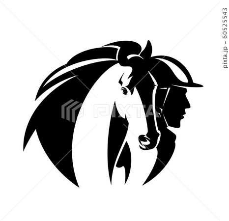 horse rider athlete and stallion head black and white vector portrait design 60525543