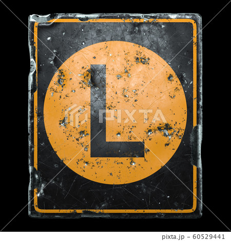 Public road sign orange and black color with a capital letter L in the center isolated on black background. 3d 60529441