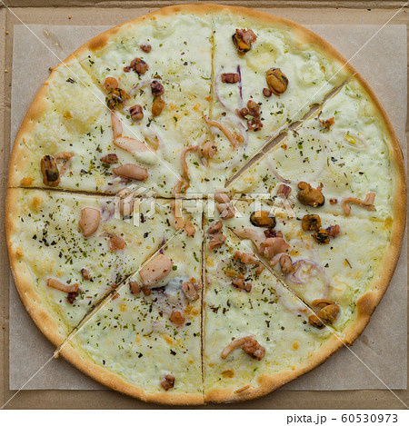 Seafood Pizza Closeup. squid, mussels, octopus, 60530973