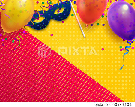 Carnival masquerade festive background. Kids birthday party with confetti, carnival mask and balloon vector illustration 60533104
