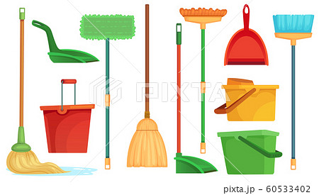 Housework broom and mop. Sweeper brooms, home cleaning mops and cleanup broom with dustpan isolated cartoon vector illustration set 60533402