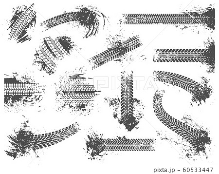 Dirty tire tracks. Grunge motor race track, wheel tires protector pattern and dirt wheels imprint texture vector illustration set 60533447