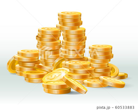 Golden coins pile. Gold coin dollar, money stack and gold cash heap realistic vector illustration Golden coins pile. Gold coin dollar, money stack and gold cash heap realistic vector illustration 60533883