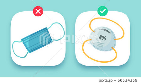 Medical and N95 masks M2.5 compare. Industrial protection dust mask, PM2.5 defence and city air pollution protect device vector illustration Medical and N95 masks M2.5 compare. Industrial protection dust mask, PM2.5 defence and city air pollution protect device vector illustration 60534359