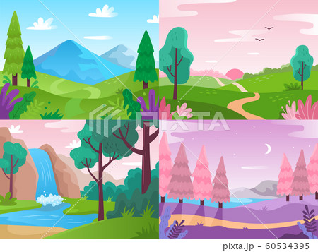 Flat landscape. Summer field nature, forest fauna and waterfall landscapes. Mountains and cloudy sky vector background illustration Flat landscape. Summer field nature, forest fauna and waterfall landscapes. Mountains and cloudy sky vector background illustration 60534395