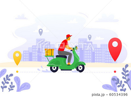 Food delivery. Express courier supply, carrier on freight scooter and parcel box route vector illustration 60534396