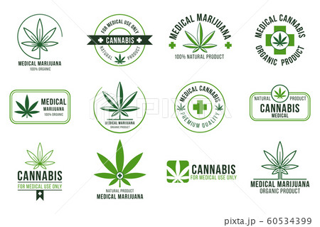 Cannabis label. Medical marijuana therapy, legal hemp plant and drug plants. Smoking weed badges isolated vector set 60534399