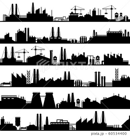 Factory construction silhouette. Industrial factories, refinery panorama and manufacture buildings skyline vector illustration set 60534400
