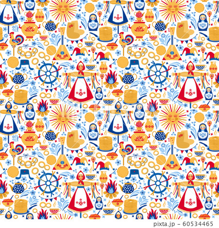 Shrovetide or Maslenitsa. Russian inscription Maslenitsa wide Wide Maslenitsa seamless pattern. Great Russian holiday Shrovetide. Vector illustration. 60534465