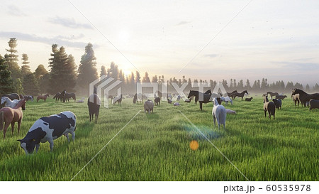 Animal farm. Grazing on a green meadow animals. Farm with Pets. Animal husbandry and nature. 3D Rendering 60535978