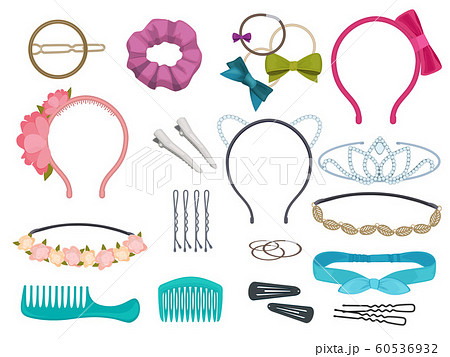 Hair accessories. Woman hair items stylist salon flowers elastic bands bows hoops vector cartoon illustrations 60536932