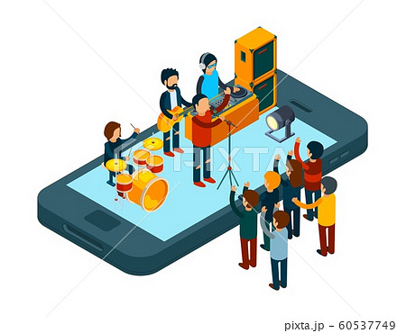 Online music concept. Music app for smartphone. Isometric online concert vector illustration Online music concept. Music app for smartphone. Isometric online concert vector illustration 60537749