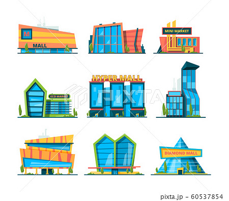 Hypermarket flat. Shopping building mall retail and distribution houses exterior of store vector collection 60537854