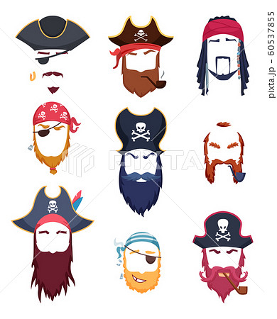 Pirate masks. Carnival costumes element mustache hat beard hook hair vector creation kit 60537855