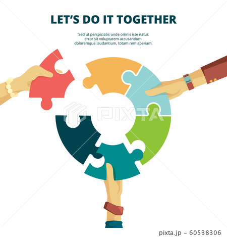 Puzzle in hand. Business concept man put piece of jigsaw together finish work final project good partners vector puzzle background 60538306