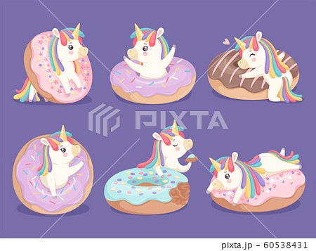 Unicorn dessert. Magic cute little rose pony with donuts cupcakes sweets vector characters Unicorn dessert. Magic cute little rose pony with donuts cupcakes sweets vector characters 60538431