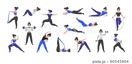 Fitness workout. Cartoon woman character doing sport exercises and training in gym, isolated female character. Vector set Fitness workout. Cartoon woman character doing sport exercises and training in gym, isolated female character. Vector set 60545604