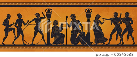 Ancient Greece mythology. Antic history black silhouettes of people and gods on pottery. Vector archeology pattern 60545638