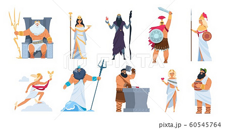 Greek gods. Cartoon ancient mythology characters, vector Zeus Ares a Poseidon gods and goddess isolated on white background Greek gods. Cartoon ancient mythology characters, vector Zeus Ares a Poseidon gods and goddess isolated on white background 60545764