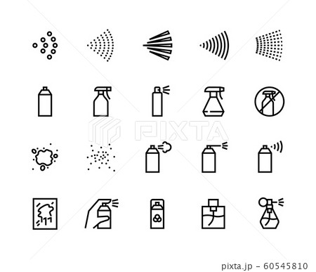 Spray line icons. Can with cleaning aerosol, outline hand with sprayer, disinfectant deodorant and perfumes. Vector isolated set 60545810