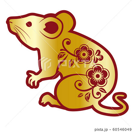 春節 金色の花柄ネズミ クリップアート 左向きのイラスト素材