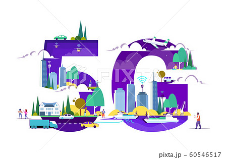 people using smartphones 5G online wireless system connection truck cars freight ships plane and drones over cityscape background horizontal full length 60546517